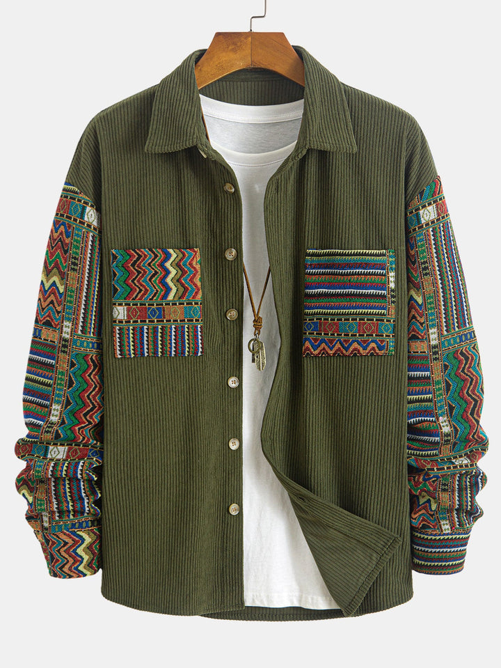 Relax Fit Ethnic Geometric Corduroy Patchwork Shirt