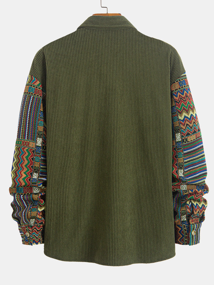Relax Fit Ethnic Geometric Corduroy Patchwork Shirt