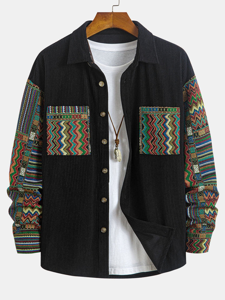 Relax Fit Ethnic Geometric Corduroy Patchwork Shirt