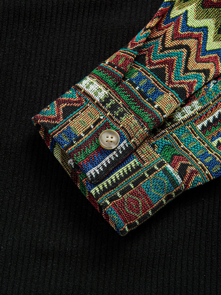 Relax Fit Ethnic Geometric Corduroy Patchwork Shirt