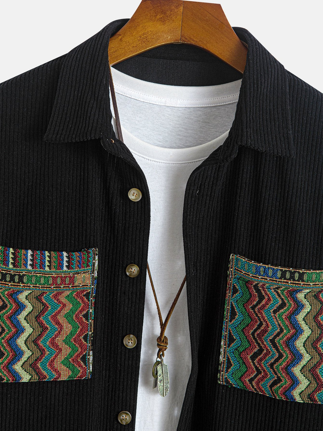 Relax Fit Ethnic Geometric Corduroy Patchwork Shirt