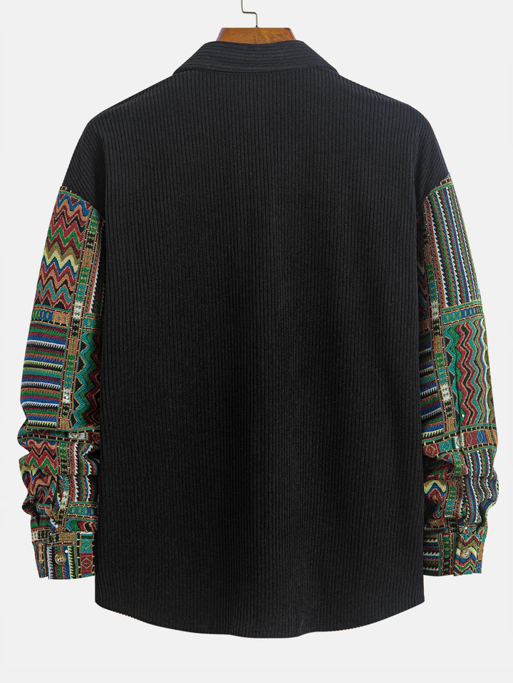 Relax Fit Ethnic Geometric Corduroy Patchwork Shirt